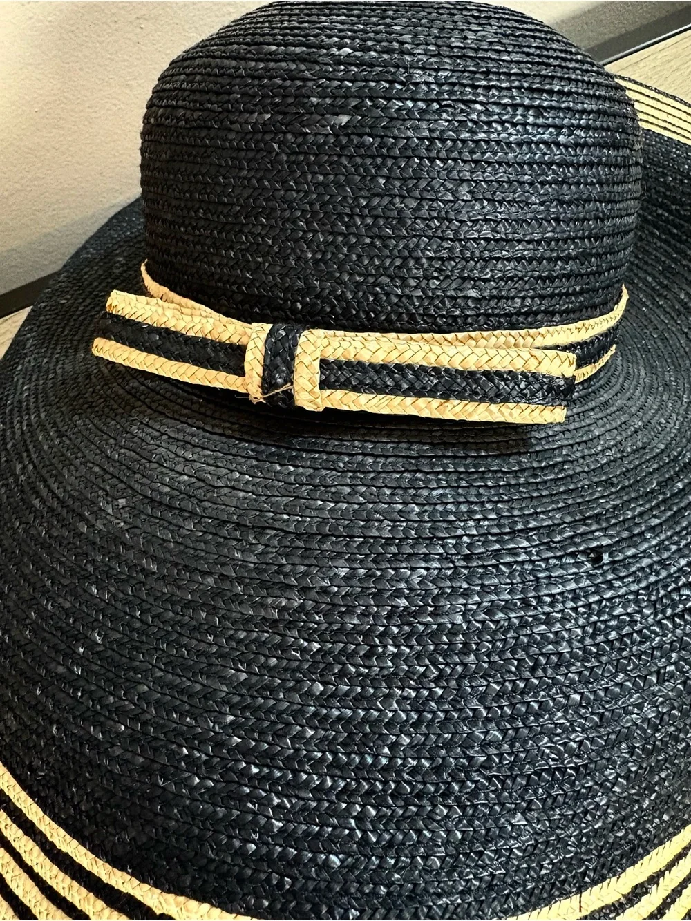 Women's LADY RACHEL Black & Tan WOVEN STRAW Wide Brim FASHION SUN HAT Italy